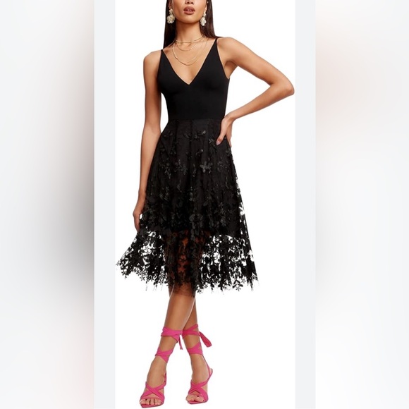 Dress The Population Dresses & Skirts - Dress The Population  Darleen V-Neck Embroidered Mesh Cocktail Dress Black Small